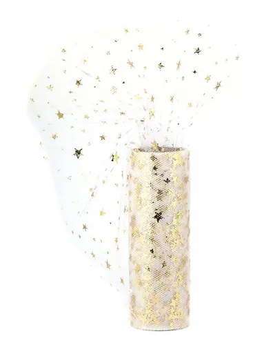 Creativery Stoff, Tüll Stoff Rolle 9m x 15cm Sterne, weiß / gold