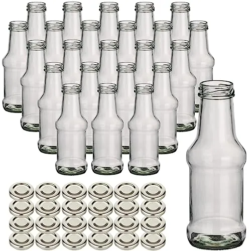 gouveo 24er Set Glasflasche 250 ml Barbecue mit Schraubdeckel TO38 silberfarben - Kleine Flasche 0,25 l mit Schraubverschluss zum Befüllen mit Ketchup, Grillsauce, Saft