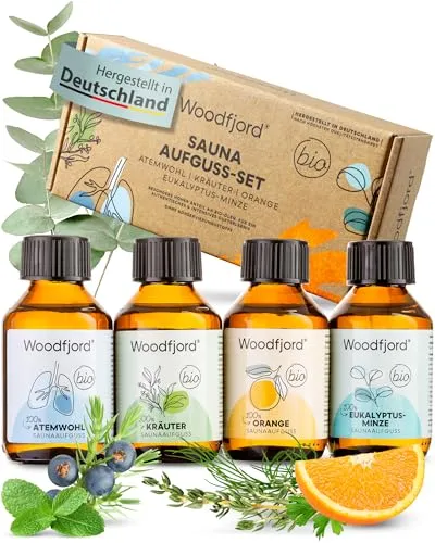 WOODFJORD Saunaaufguss Set BIO Harmonie – 4 verschiedene Saunadüfte und -Öle, je 100 ml - Erleben Sie mit unserem Premium Saunaaufguss Set ein intensives Dufterlebnis. Die 100 % veganen Öle bestehen aus reinen, natürlichen Zutaten und sind ideal für authentische Saunaerlebnisse.