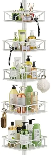 Bomclap Teleskop Duschregal Eckregal mit 5 Körben, Metall Teleskopregal Bad für Badewanne, Duschablage ohne Bohren Höhenverstellbar 106-287cm, Weiß