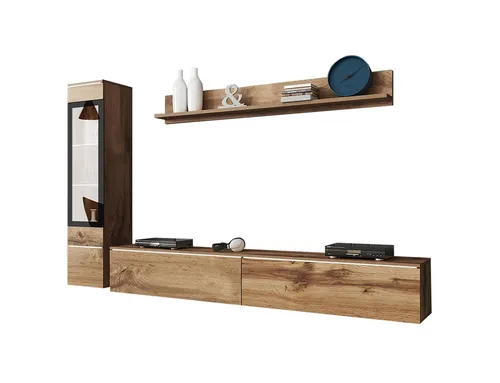 Wohnwand Vera Anbauwand 3-teilig Votan Eiche grifflos - Moderne Schrankwand für das Wohnzimmer, 210 cm breit mit grifflosen Türen und eleganter Glasfront – ideal für stilbewusste Einrichtung.