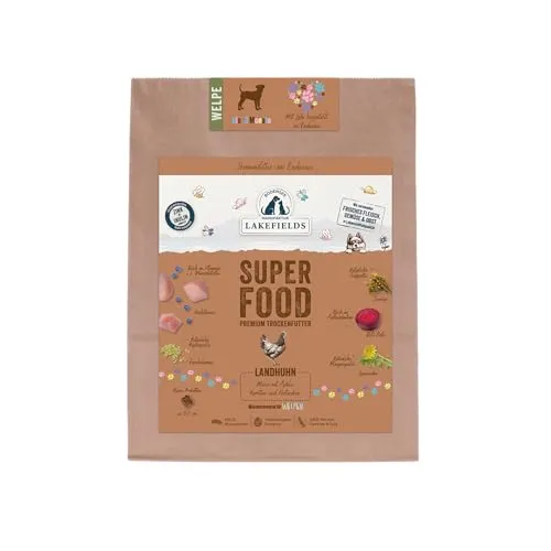 Lakefields SUPERFOOD | Premium Welpenfutter trocken | 61% Huhn | 1kg | Getreidefreies Trockenfutter für Welpen | Mit Leinsamen, Heidelbeeren & Bierhefe | Von Tierärzten entwickelt