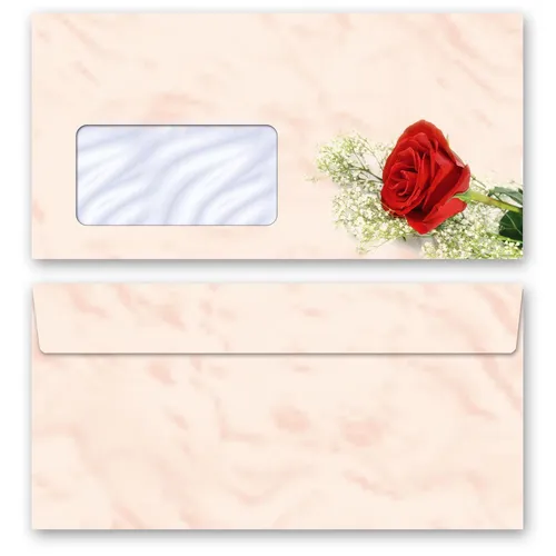 Motiv-Briefumschläge ROTE ROSE DIN LANG (mit Fenster) 10 Stück
