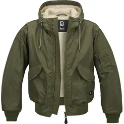 Brandit CWU Jacket Hooded - Olive, Größe: L - Funktionsjacke mit warmem Teddyfell-Innenfutter, wind- und wasserabweisend, ideal für kalte Tage und Outdoor-Aktivitäten.