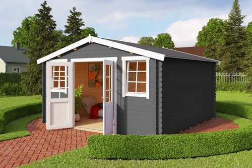 Gartenhaus Blockhaus Satteldach 28 mm Wels 4 grau