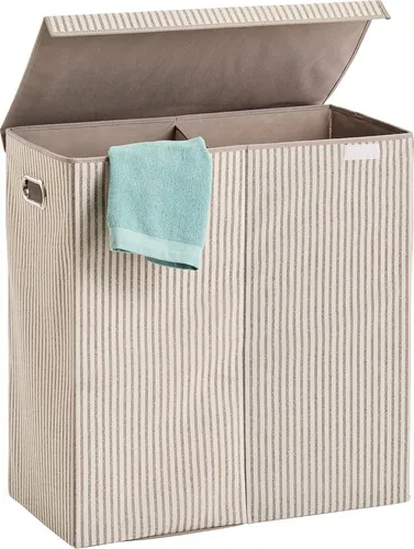 Zeller 14654 Wäschesammler Stripes, 2-Fach, Beige - Wäschekörbe: Praktischer 2-fach Wäschesammler aus Vlies, mit zwei Griffen und einem Deckel mit Klettverschluss für einfache Handhabung.