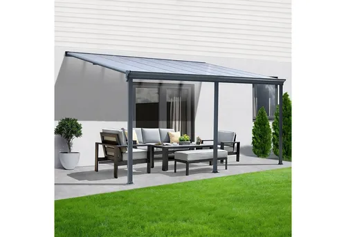 Terrassenüberdachung Aluminium 557 cm Bausatz - Außenanbau: Robuste Terrassenüberdachung aus nichtrostendem Aluminium, inklusive Sichtschienen und Hohlkammerplatten für optimalen Wetterschutz und eine stilvolle Gestaltung Ihrer Terrasse.