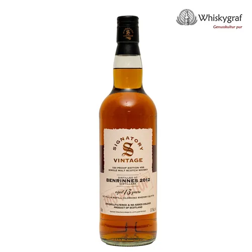 Benrinnes 13 Jahre - 2012/2025 - Signatory Vintage - 100 Proof Whisky - Whisky mit 13 Jahren Reifung in Oloroso Sherry Butts, vereint kraftvolle Trockenfrüchte und würzige Tiefe, abgefüllt in natürlicher Form mit 57,1% Vol.