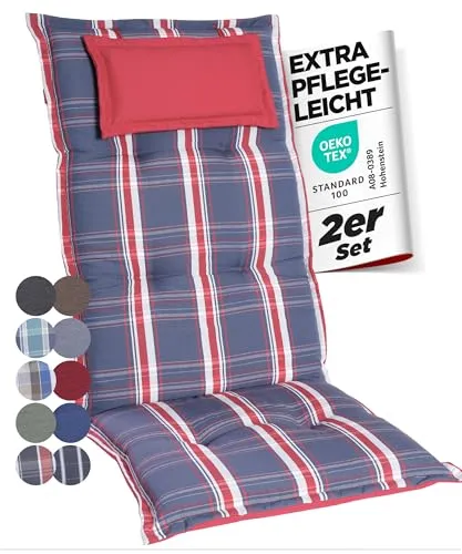 gardisun Gartenstuhlauflagen Hochlehner mit Kopfteil I Extra Dicke Sitzauflagen I Made in Europe I Polsterauflagen für Hochlehner I Auflagen mit extra hohem Komfort I 2er Set I Blau-Rot-Kariert
