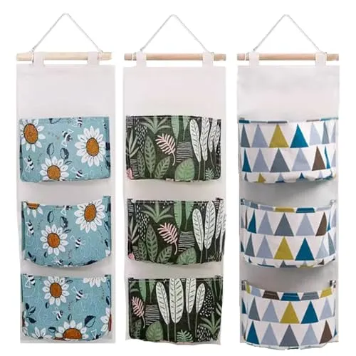 GIUSOBG Wand Hängen Tasche 3Pcs Hängetasche Hängend Aufbewahrungstasche Organizer Kinderzimmer mit 3 Taschen Hängeaufbewahrung für Kinderzimmer Badezimmer Schlafzimmer (Sonnenblume/Pflanze/Dreieck)