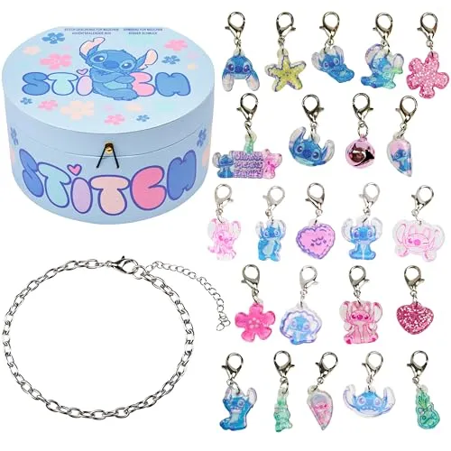 Get Trend Disney Stitch Schmuck Adventskalender 2026 Kinder | Armband in Silberoptik & 23 Charms, 24 Türen, Weihnachts Countdown Kalender, Geschenke für Mädchen (Blau Stitch)