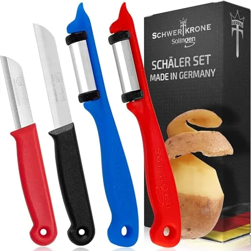 SCHWERTKRONE® Schälmesser Sparschäler 4er Set [MADE IN SOLINGEN - GERMANY] - Gemüsemesser Obstmesser - Küchenmesser klein scharf - Schneidemesser Kartoffelschälmesser - Allzweckmesser (Duo Peeler Set)