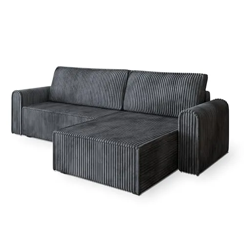 Masseno Ecksofa VALTINO T mit Schlaffunktion L-Form, Modern Sofa mit Bettkasten, Wohnzimmersofa, Couch, Soffa, Bettsofa, Couchgarnitur - Graphitfarben, TILIA 90