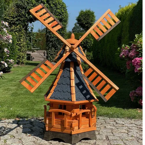 DARLUX Sechseck Garten-Windmühle XXL aus Holz kugelgelagert Braun/Blau H-120 cm