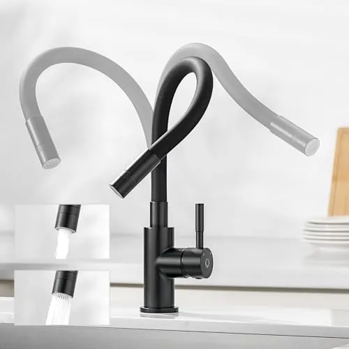 CECIPA Wasserhahn Küche Flexibler, Küchenarmatur Schwarz für die Küche, 2 Strahlarten Hochdruck Armatur Küche, Vorfenster Küchenarmatur Klappbar, Warm- und Kaltwasser, 360° Drehbar Spültischarmatur