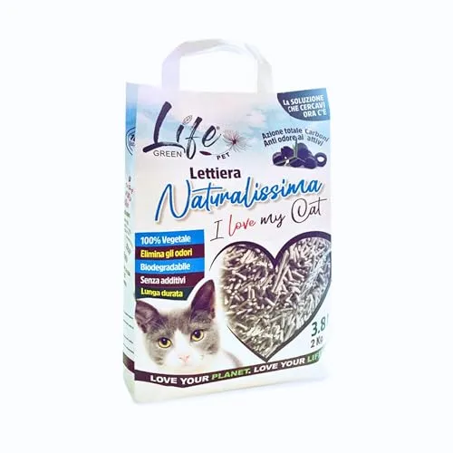 LifeGreen Naturalissima Katzenstreu für Katzen, 2 kg, Aktivkohle, mit Erbsenfaser und Maisstärke, pflanzlich, biologisch abbaubar, klumpend 3,8 l, geruchshemmend