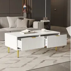 Couchtisch Mdf Weiß-gold 100 Cm Mit 2 Schubladen