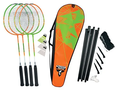 Talbot-Torro Badminton-Set 4-Attacker Plus - Badminton-Set mit 4 robusten Schlägern, langlebiger Netzgarnitur und 3 Federbällen in praktischer Tasche – ideal für Garten und Freizeit.