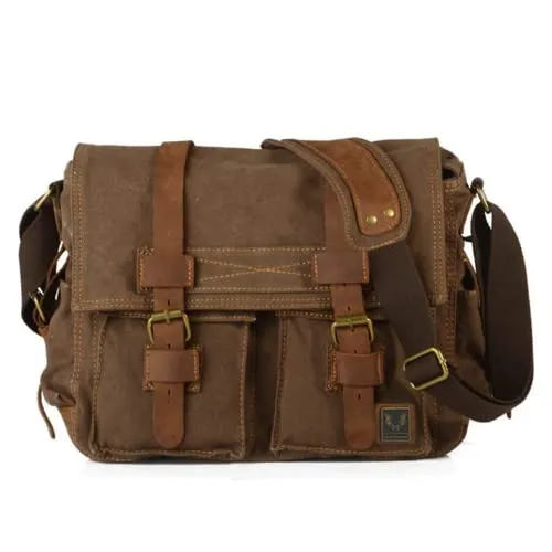 Eysee® Herren Canvas Schultertasche Umhängertasche 33cm (L) X 27cm(H) X 11cm(W) (Dunkel Braun)