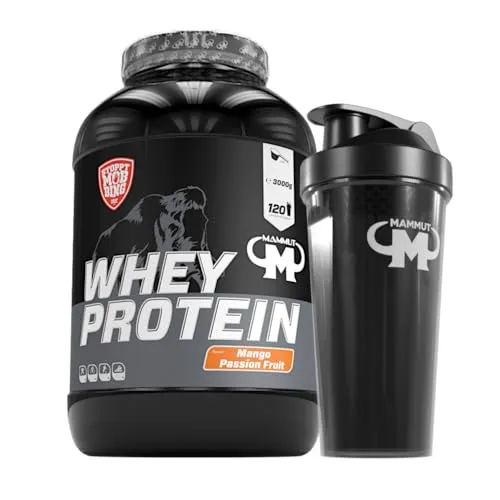 3kg Mammut Whey Protein Eiweißshake - Set mit Mango Passion Fruit & Shaker - Hochwertiges Wheyprotein für den Muskelaufbau und -erhalt, mit hervorragender Löslichkeit. Ideal für Sportler, die ihre Proteinzufuhr steigern möchten. Enthält 120 Portionen für optimale Ergebnisse.
