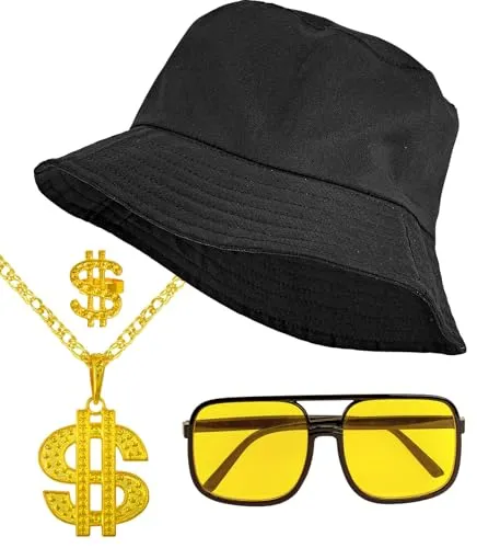 W WIDMANN MILANO Party Fashion - 90er Jahre Hip Hop Fashion Set, Anglerhut, Brille, Kette, Ring, Accessoire für Faschingskostüme