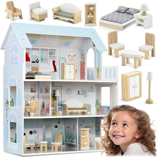 Ricokids Puppenhaus aus Holz - 3 Etagen - mit Zubehör - 11 Möbel - Spielzeug - Blau 70 x 60 x 24 cm