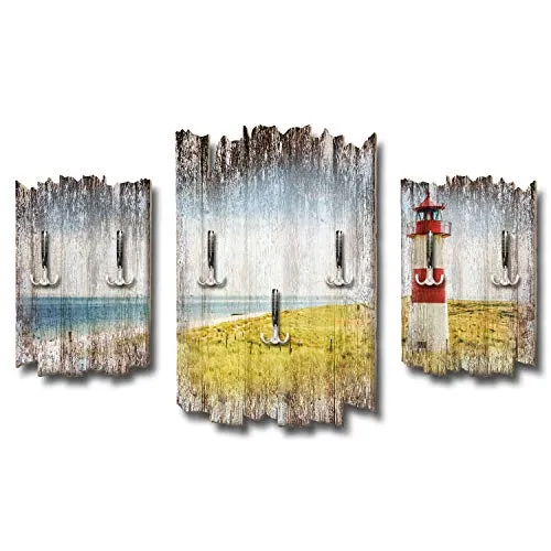 Kreative Feder 3-teilige Designer Wandgarderobe Strandpanorama Leuchtturm - Flurgarderobe Wandpaneele Größe 95x60cm aus MDF (Strand-Panorama)