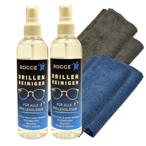 ROGGE Brillenreiniger SET 2x 250ml + 4x Mikrofasertücher SUPER SOFT 30x30cm, für streifenfreien Glanz mit Anti-Statik -Effekt. Brillenreiniger Spray der Extraklasse für glasklare Sicht.