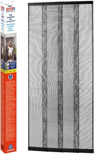 Tesa Insect Stop 55298 Insektenschutzvorhang 0.95m x 2.20m Anthrazit - Fliegengitter mit teleskopierbarer Alu Lamellentür, geräuschdämpfend und ohne Bohren montierbar – ideal für Familien und Haustierbesitzer.