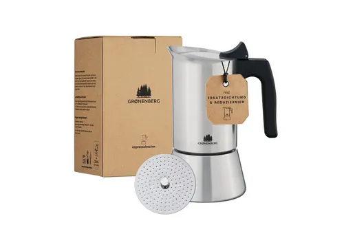 GRØNENBERG Espressokocher Induktion geeignet, Edelstahl, 4 o. 6 Tassen, 0,3l Kaffeekanne, Inkl. Reduziersieb & Ersatzdichtung, Espressokanne Aluminiumfrei & unbeschichtet