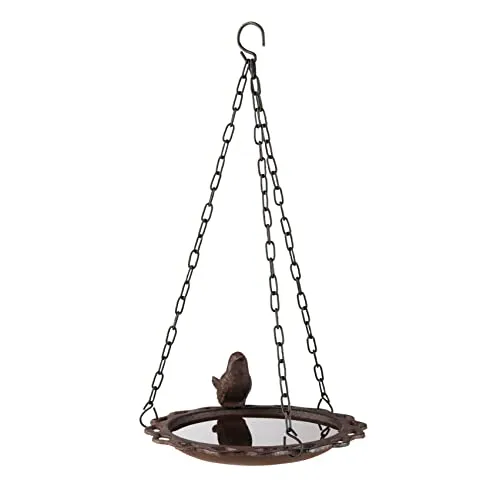 Spetebo Hänge-Wassertränke Vogel antik braun aus Gusseisen - Ø 19 cm - Vogelbad mit Kette zum Aufhängen - Vogel Wasser Bad Tränke Balkon Terrasse Garten Deko