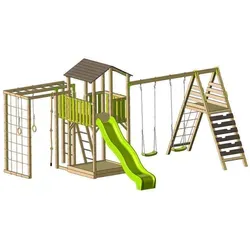 Wendi Toys Klettergerüst Dino - Spielturm mit Rutsche und Sandkasten - Klettergerüst aus FSC-zertifiziertem Kiefernholz, ideal für Kinder ab 5 Jahren. Bietet vielseitige Spielmöglichkeiten mit Rutsche, Schaukeln und Sandkasten für unendlichen Spielspaß im eigenen Garten.