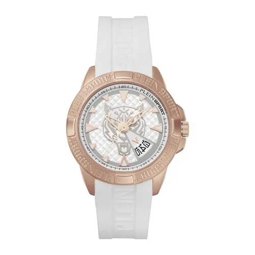 Philipp Plein Touchdown Armbanduhr in Unisexgröße - Elegante Armbanduhr aus Edelstahl in Roségold mit auffälligem Tiger-Logo, ideal für sportliche und stilbewusste Herren.