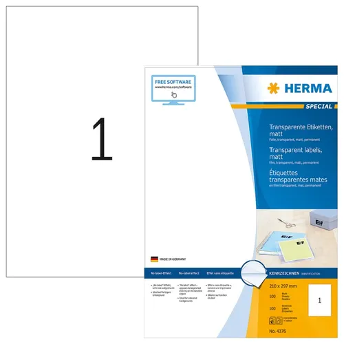 Herma transparente Etiketten 210x297 mm - 80 Stück - Transparente Folien-Etiketten für Laser- und Kopierdrucker, nahezu unsichtbar nach dem Aufkleben, ideal für Glas und Porzellan, öl- und schmutzabweisend.