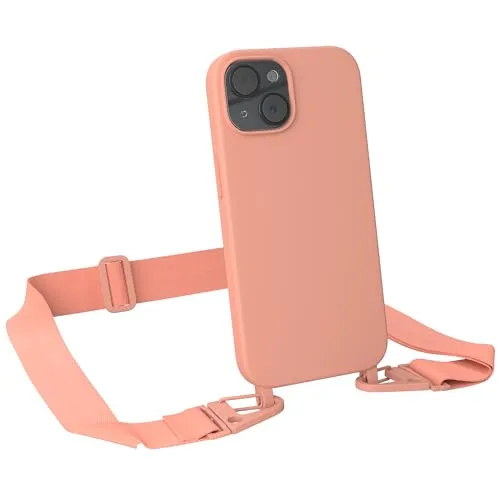 EAZY CASE - Hülle mit Band kompatibel mit iPhone 15 Handyhülle mit Umhängeband Silikonhülle Schwarz Handykette zum Umhängen Handykordel Schutzhülle für Smartphone in Korall - Clips Korall