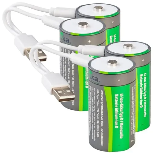 Produktbild tka Köbele Akkutechnik USB-Akku Typ D: 4er-Set Li-Ion-Akkus Typ D mit USB-C, 5.400 mAh, 8.100 mWh, 1,5 V (Accu, USB-Batterien, Taschenlampe)