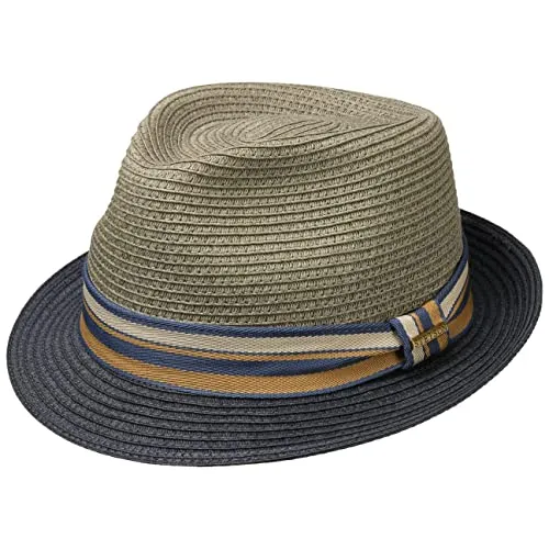 Stetson Licano Toyo Trilby Strohhut Herren Fedora UV-Schutzfaktor 40+ Ripsband Zweifarbig Krempe Frühjahr Sommer dunkelblau S (54-55 cm)