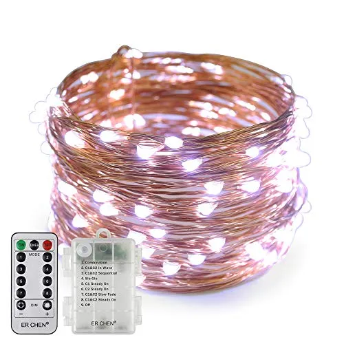 Erchen Batteriebetrieben LED Lichterkette, 33 FT 100 LED 10M dimmbare Kupfer Draht Lichterketten mit Fernbedienung 8 Modi Timer für Innen Außen Weihnachten Party (Weiß)