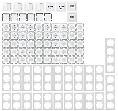 Delphi Steckdosen Schalter Maxi Elektro Set 94-teilig - Umfassendes Set für Unterputz Installationen mit 50 Steckdosen und 10 Schaltern, ideal für jeden Raum. Hochwertige Materialien und einfache Montage garantieren Sicherheit und Komfort.