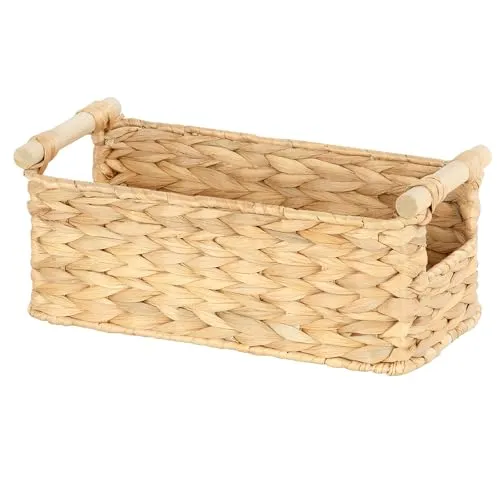 Ezvsevuo Aufbewahrungskorb | Korb Aufbewahrung geflochten aus Wasserhyazinthe | Aufbewahrungskörbe mit Holzgriffen | Flechtkorb | 30 x 13 x 15 cm