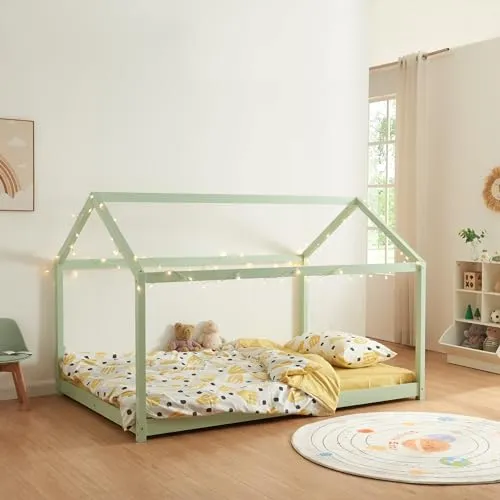 [en.casa] Kinderbett Cerro Hausbett in Mintgrün, 140x200cm - Montessori Hausbett aus massiver Kiefer für ein magisches Kinderzimmer, das Geborgenheit bietet und Abenteuerträume fördert.