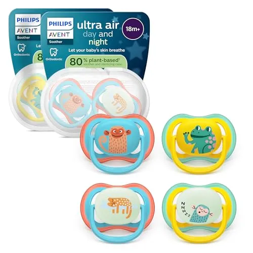 Philips Avent ultra air Day & Night Schnuller – kiefergerecht geformtes Design, für Babys ab 18 Monaten, leuchtet im Dunkeln, extra fester, symmetrischer Silikonsauger, BPA-frei, 4er-Pack, SCF349/56