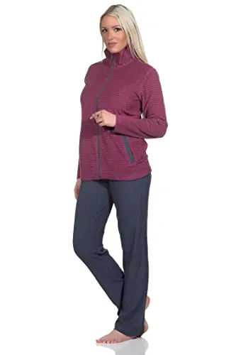 Normann Damen Langarm Frottee Hausanzug in Streifenoptik - auch in Übergrössen, Farbe:Beere, Größe:60-62