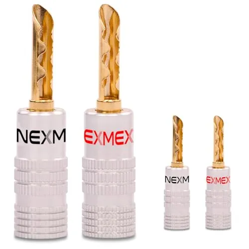 4X Hohl Bananenstecker NEXMEX High End Stecker für Lautsprecherkabel Steckverbinder für Kabel bis 6mm² 24K vergoldet löt- oder schraubbar Flexibler Anschluss Tube für HiFi-Boxen Verstärker Endstufen