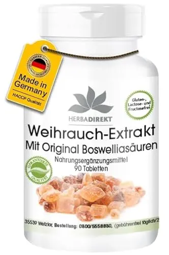 Weihrauch-Tabletten Extrakt - 90 Tabletten - Boswellia Serrata 400mg - Indischer Weihrauchextrakt - mind. 65% Boswellia-Säuren - vegan - hochdosiert | HERBADIREKT - Deutsche Apothekenqualität