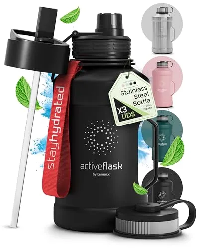 Produktbild BeMaxx Trinkflasche Edelstahl ACTIVE FLASK + Strohhalm (3 Deckel) | Große 1,3 Liter Sportflasche BPA-frei Auslaufsicher Kohlensäure geeignet, 2l XL Wasserflasche Sport Outdoor Fitness Wasser Flasche
