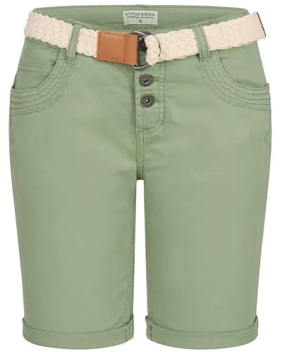 Stitch & Soul Damen Short Bermuda Kurze Hose Sommer Chino Stoff Hose mit Gürtel Neu, Hosengröße:3XL (46), Farbe:Grün