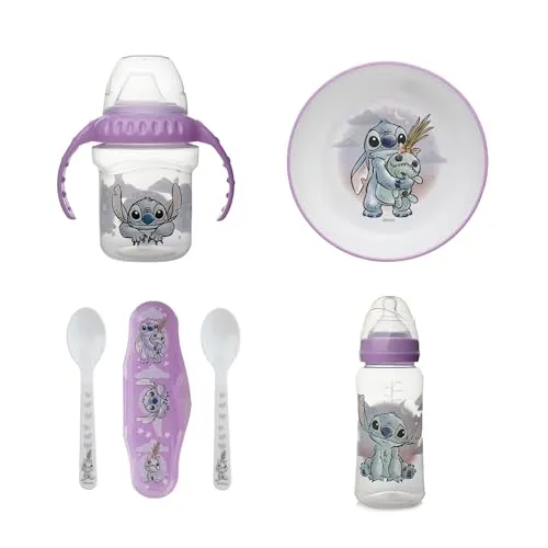 Disney Baby Lilo & Stitch – Mahlzeiten-Set für Kinder – Kindergeschirr – auslaufsichere Tasse mit Griffen, Flasche 360 ml, rutschfeste Schüssel, 2 Löffel mit Transportbox – ab 10 Monaten