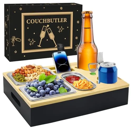 Couchbar Snackbox mit Geschenkbox, Holz Couch Bar, Couch Tablett Mit Snackschalen Aus Edelstahl, Getränkehalter Flaschenhalter, Snackbar Organizer Abnehmbarer Deckel für Sofa Wohnzimmer Garten Camping