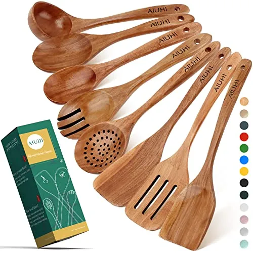 Holz-Utensilien zum Kochen, Holzlöffel zum Kochen, Holzspachtel und Holz-Utensilien für die Küche Antihaft-Kochgeschirr Teak 8 Pack